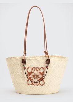 Loewe x Paula's Ibiza Anagram Basket Tote Bag - Bergdorf Goodman Basket Tote, Basket Bag, Leather Handles, Bergdorf Goodman, Leather Handle, Ibiza, Straw Bag, Tops Designs, Handles