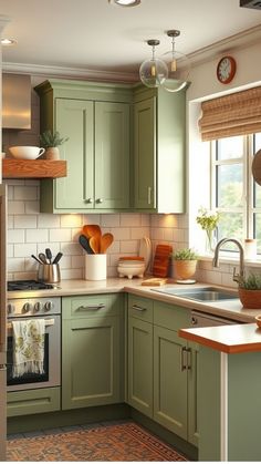 Cozy kitchen with green cabinets, white subway tile backsplash, wooden shelves, and stainless steel appliances. Green Kitchens, Green Flooring, Green Colour Palette, Green Kitchen, Nature Indoors, Decor Accents, Kitchen Colors, Sage Green