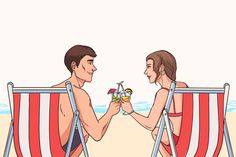 a man and woman sitting in lawn chairs on the beach toasting with each other