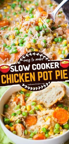 chicken pot pie with peas and carrots in a white bowl