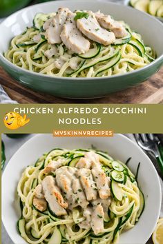 chicken alfredo zucchini noodles with cucumbers in a white bowl