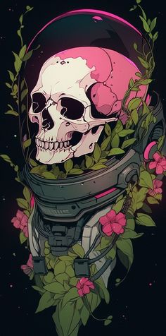 a skull wearing an astronaut's helmet surrounded by flowers