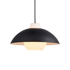 a black and white pendant light hanging from a ceiling fixture with an open bulb at the top