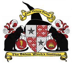 the salem witch's institute logo, with two cats and a hat on it