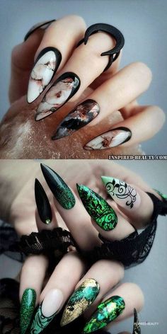 Creepy Halloween Acrylic Nails that are also cute, and stunning all in one. Here are some Halloween nail designs, spooky coffin nails, claw Creepy Halloween Nails, Nails Spooky, Black Halloween Nails, Spooky Nails, Witch Nails, Witchy Nails, Halloween Acrylic Nails, Gothic Nails, Claw Nails