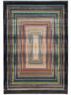 a multicolored area rug with square shapes in the center and stripes on the bottom