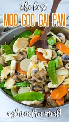 the best moo go gai pan recipe with vegetables and mushrooms in a skillet