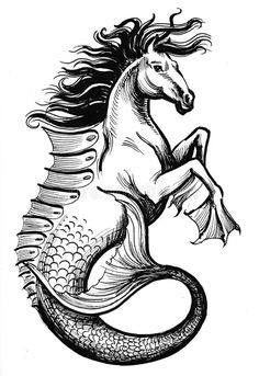 a black and white drawing of a mermaid horse