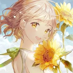 a girl with sunflowers in her hand and clouds in the sky behind her