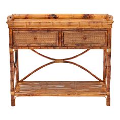 a wooden table with two drawers on top and wicker shelf below it, against a white background