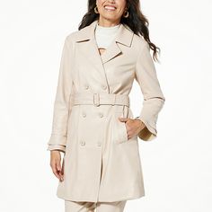 Colleen Lopez Faux Leather Coat with Ruffle Cuffs   Stay stylish and elegant with Colleen Lopez's ruffle-cuff coat. It's the cold-weather statement look you'll love wearing all season long. Elegant Cream Outerwear With Belted Cuffs, Elegant Leather Spring Outerwear, Elegant Leather Outerwear For Spring, Elegant Leather Outerwear For Fall, Fitted Cream Leather Outerwear, Elegant Cream Leather Outerwear, Faux Leather Coat, Draped Fabric, Cornflower Blue