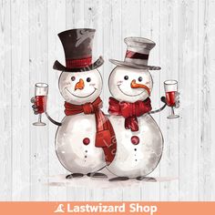 two snowmen are holding wine glasses in their hands