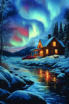 a painting of a cabin in the snow with an aurora bore behind it and a red truck driving by