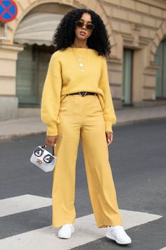 31 October Outfit Ideas That are Equal Parts Comfy and Chic #purewow #trends #fall #fashion #shoppable #street style #outfit ideas #shopping October Outfit Ideas, One Color Outfit, Jumper Outfits, October Outfits, Yellow Outfits, October Fashion, Yellow Clothes, 31 October