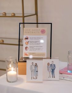 a table topped with pictures and candles next to a candle holder filled with cards that read live guest portraits