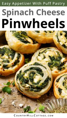 spinach cheese pinwheels with text that reads easy appetizer with puff pastry