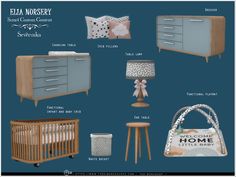 the baby's nursery furniture and accessories are shown in this graphic style, including a crib