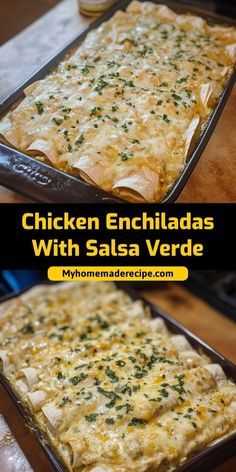 chicken enchiladas with salsa verde in a casserole dish