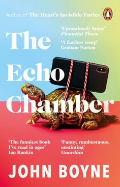 the echo chamberer by john boyne is shown in front of a colorful background