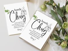 two greeting cards with the words, bottle chug and bottie chug on them