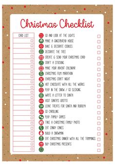 a christmas checklist is shown with red and green ornaments on it, including santa's list