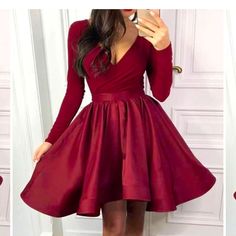 A-Line/Princess Ruffles Long Sleeves V-Neck Satin Short Mini Dress, Color: Burgundy, Size Us6-Au/Uk10-Eur36. Measurement Unit Inch: Bust 34.5, Waist:27.5, Hips 37.75. Dress Is Brand New, Never Worn, Tags Attached. Burgundy Short Dress, Vestidos Color Vino, Modest Homecoming Dresses, Long Sleeve Homecoming Dress, Long Sleeve Cocktail Dresses, Burgundy Homecoming Dress, Black And Green Dress, Wedding Dress Black, Long Sleeve Homecoming Dresses