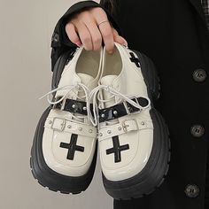 Color: White, Size: 36 Harajuku Shoes Boots, Egirl Shoes, Cross Heels, Alt Shoes, Mary Jane Shoes Heels, Goth Harajuku, Style Kawaii, Kawaii Goth, Goth Style