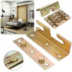 three pieces of metal furniture hardware with holes and screws on each side, including a bed