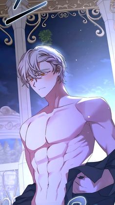 an anime character with white hair and no shirt on, standing in front of a window