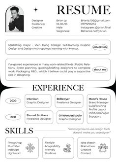 a professional resume with an image on the front and back side, in black and white