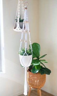 a potted plant hanging from a macrame