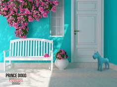 a white bench in front of a blue wall with pink flowers on it and the words magic puzzles