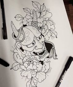 a drawing of a bull with flowers on it's head and horns in the middle