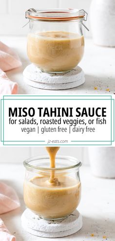 two jars filled with mustard sauce on top of each other and the words miso tahitii sauce for salads, toasted veggies, fish