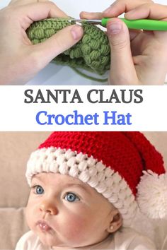 a baby wearing a santa claus hat while crocheting