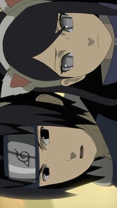 two anime characters with black hair and one is looking at the camera while another looks on