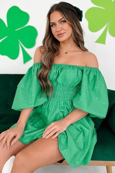 Catriona Off The Shoulder Rhinestone Detail Mini Dress (Green) · NanaMacs Spring Mini Dress With Rhinestones, Spring Rhinestone Mini Dresses, Spring Embellished Green Mini Dress, Flying Monkey Jeans, Large Dress, Outfit Combinations, Jeans Size Chart, Small Dress, Trendy Accessories