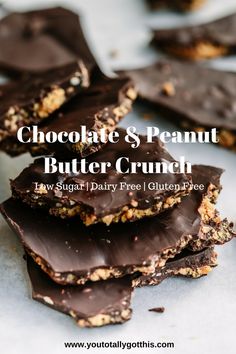 chocolate and peanut butter crunch bars stacked on top of each other with text overlay