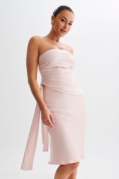 Allegra Satin Ruched Strapless Top - Pale Pink Dresses Date Night, Maxi Dress Sale, Date Night Dresses, Understated Elegance, Crepe Dress, Knee Length Skirt, Asymmetrical Hem, Modern Elegance, White Mini Dress