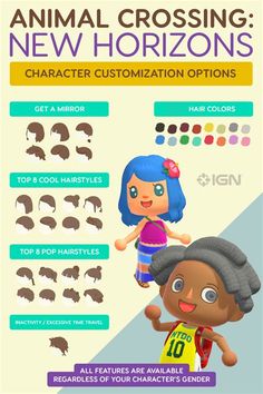 an animal crossing character is shown in this info sheet for the game, which features different hair