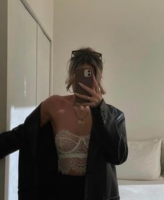 cute lace bra top outfit ideas with leather jacket. high waisted pants with white bralette top. lingerie outfits for going out. date night lace lingerie Lace Bra Top Outfit, Outfit Ideas With Leather Jacket, Sheer Lace Top Outfit, Black Bralette Outfit, Lingerie Top Outfit, Lace Top Outfit White, Lingerie Outfit Going Out, Bra Top Outfit, Lace Bra Outfit