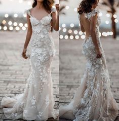 two pictures of a woman wearing a wedding dress with flowers on the back and side