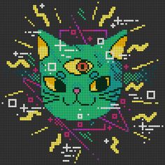 a cross stitch pattern with a green cat's face and colorful sprinkles