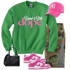 Saved & Still Dope Pink & Green Trendy Streetwear Sweater, Trendy Tops For Weekend Wear, Green Spring Streetwear Sweater, Spring Green Streetwear Sweater, Green Spring Sweater For Streetwear, Green Sweater For Spring Streetwear, Green Sporty Sweater For Streetwear, Trendy Green Top For College, Trendy Green Tops For College