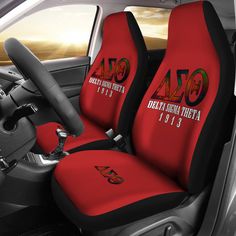 the seat covers are red and black in color with an aa logo on each side