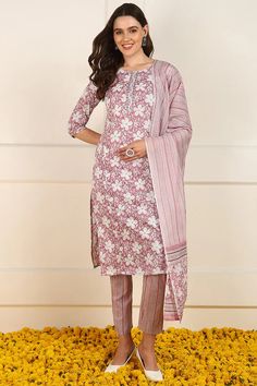 Grab this beautiful 3-piece set. The set comes with floral print straight shape kurta has round neck, 3/4th sleeves & calf length teamed with printed trouser pant with single pocket and a printed dupatta. Color - Pink Kurta Fabric-Cotton Pant Fabric-Cotton Dupatta Fabric - Cotton Neck-Round Neck Sleeves-3/4th Sleeves Work -Floral Print Detailing Washing Instructions-Dry Clean DISCLAIMER - The color of the product may be differ due to screen settings of device. A misprint here and a color drop slip there is the beauty of printing which is not treated as a defect. Pink Kurta, Formal Jewelry, Printed Dupatta, Cotton Dupatta, Churidar, Suit Set, Fabric Shop, Cotton Pants, Formal Wedding