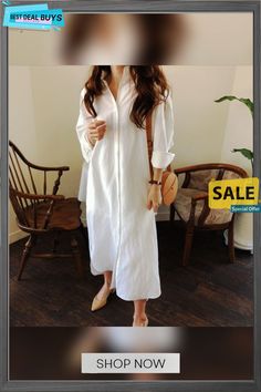 3/4 Sleeve Cotton-blend Solid Casual Dress Long Sleeve Shift Midi Dress For Daywear, White Half Sleeve Shirt Dress For Spring, Shift Midi Dress With Long Sleeves For Day Out, White 3/4 Sleeve Shirt Dress For Summer, White Summer Shirt Dress With 3/4 Sleeves, White Shirt Dress With 3/4 Sleeves For Summer, Spring Half Sleeve Maxi Dress For Day Out, Summer Office Dress With Long Sleeves, Casual 3/4 Length Maxi Dress