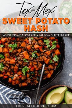 a skillet filled with sweet potato hash, avocado and cilantro