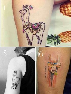 four different tattoos that are on the arm and leg, one with an animal in it