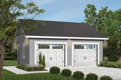 a two car garage with an attached porch